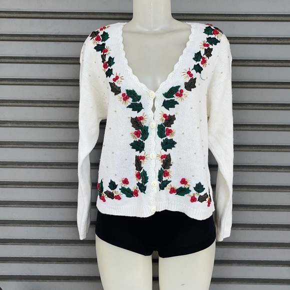 Dress Barn Sweaters - Vintage Dress Barn Beaded Long Sleeve White Christmas Cardigan Sweater Size M